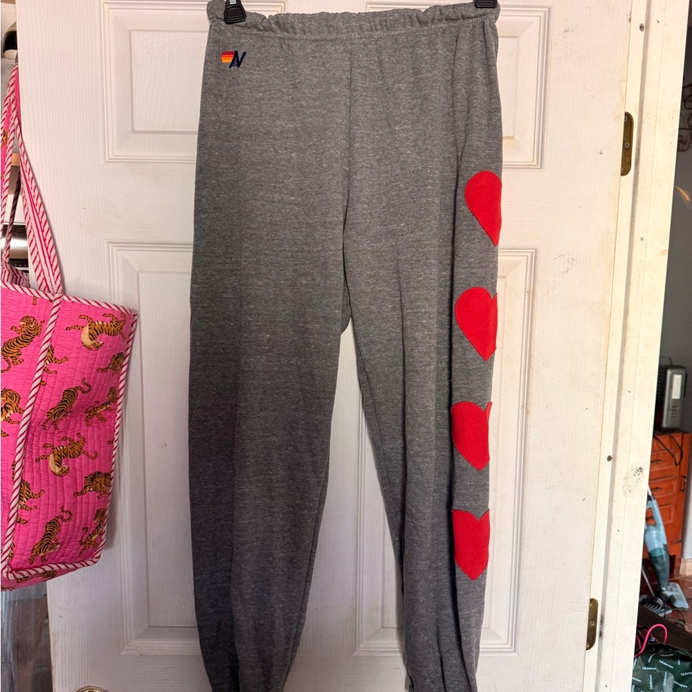 Aviator Nation Gray Track Joggers with Red Heart Stripe